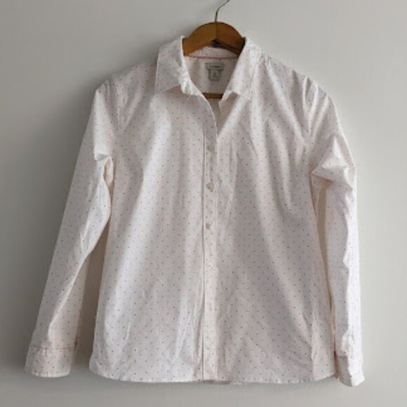 L.L. Bean Tops - LLBean White and Pink Polka Dot Button Down Size MP